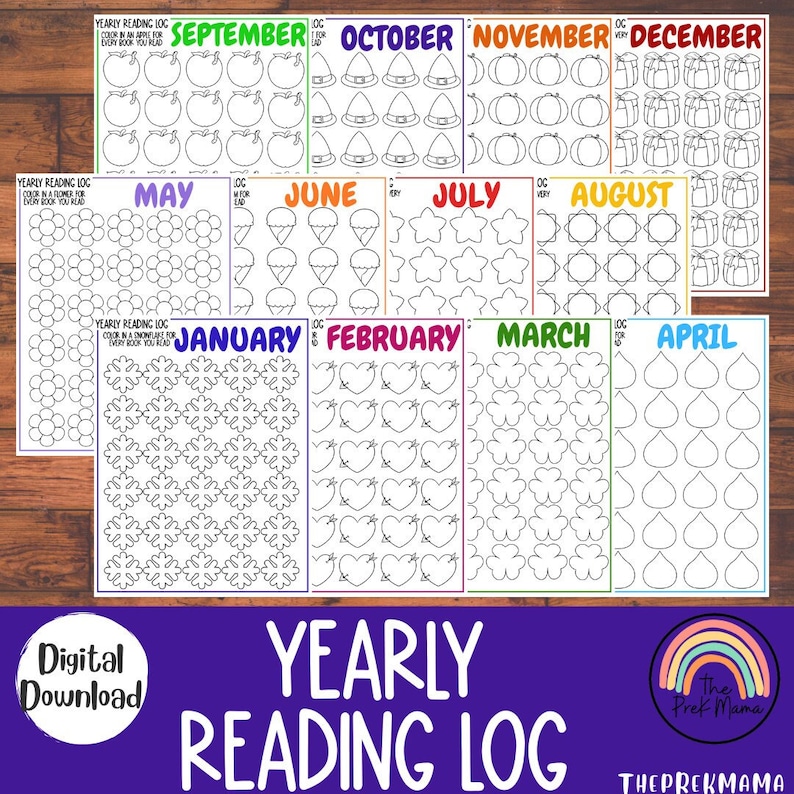 May include: A printable yearly reading log for kids. Each month features a different theme with a corresponding image to color in for each book read. The months include January, February, March, April, May, June, July, August, September, October, November, and December.