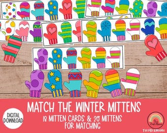 Puede incluir: Tarjetas de mitones coloridos para un juego de emparejar. Los mitones presentan varios diseños, incluyendo rayas, lunares y corazones. Se muestra el texto "MATCH THE WINTER MITTENS".
