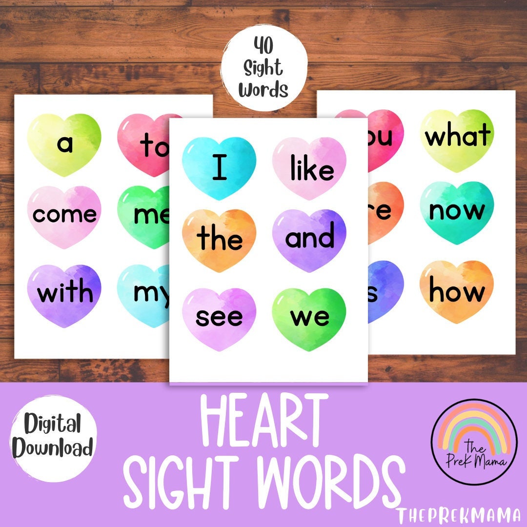 Heart Sight Words, Valentine's Day Printable, Preschool Printable, Sight Words, Preschool ...