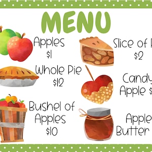 May include: A watercolor illustration of a menu for an apple orchard. The menu features items like apples, apple pie, candy apples, and apple butter. The prices are listed next to each item.