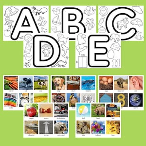 May include: Black and white alphabet letters A, B, C, D, and E with various images inside each letter. The images include a UFO, an ant, a sailboat, a bee, a cow, a girl, a dinosaur, an elevator, and an egg. Below the letters are 36 smaller images of various objects, including a carrot, a cat, a cow, a dog, a drum, a dolphin, an egg, an elephant, an ear, a cake, a duck, a ball, a bear, a bus, an alligator, an arrow, an astronaut, a bike, a balloon, and a bee.