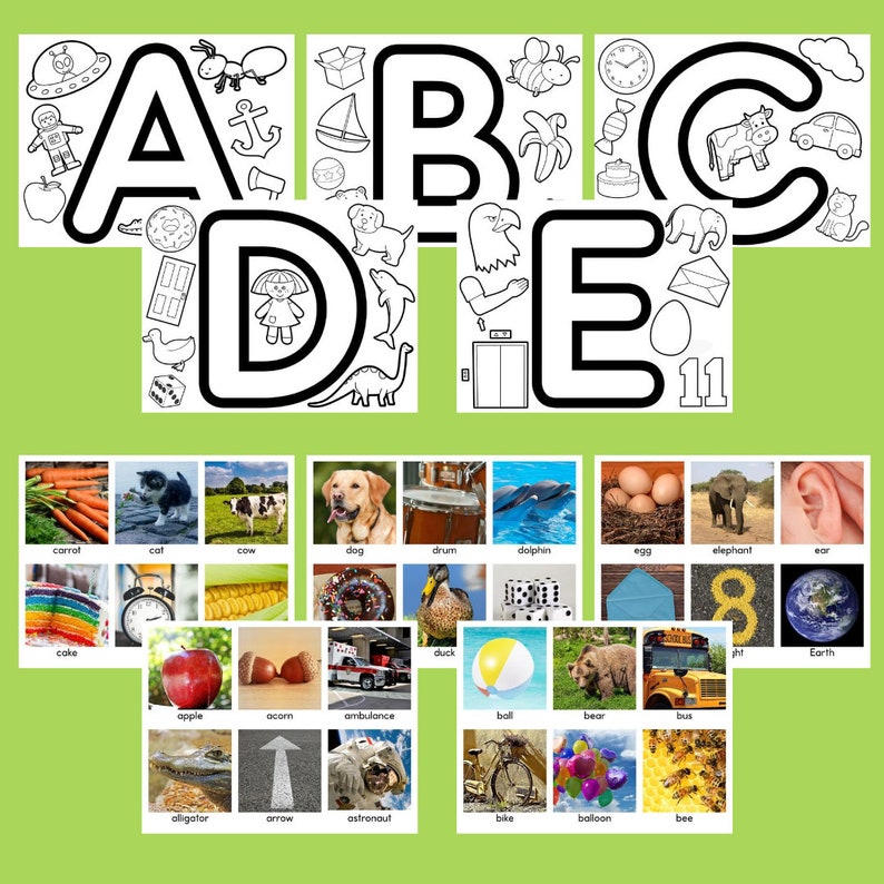 May include: Black and white alphabet letters A, B, C, D, and E with various images inside each letter. The images include a UFO, an ant, a sailboat, a bee, a cow, a girl, a dinosaur, an elevator, and an egg. Below the letters are 36 smaller images of various objects, including a carrot, a cat, a cow, a dog, a drum, a dolphin, an egg, an elephant, an ear, a cake, a duck, a ball, a bear, a bus, an alligator, an arrow, an astronaut, a bike, a balloon, and a bee.