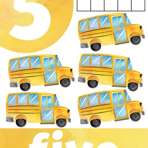 May include: A yellow circle with the number 5 in white. Below the circle is the word "five" in white. There are five yellow school buses in a row. Above the buses is a grid with five yellow circles.