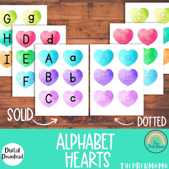 Alphabet Hearts, Valentine's Day Printable, Preschool Alphabet,  Preschool ABCs, Preschool Flashcards, Handwriting Practice, Letter Match