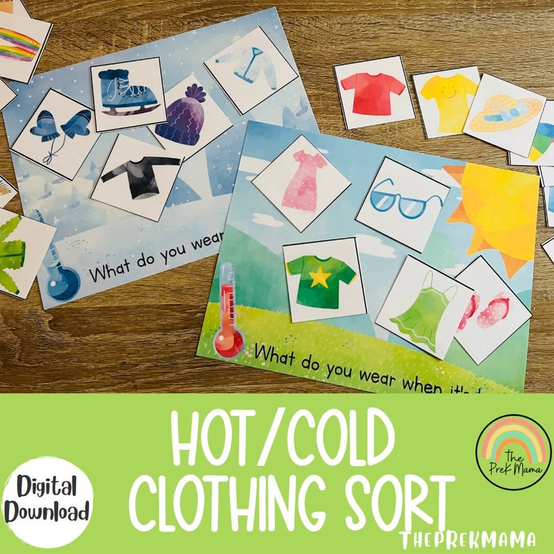 Puede incluir: Un juego educativo imprimible para ni&ntilde;os para aprender sobre la ropa para clima c&aacute;lido y fr&iacute;o. El juego incluye dos tarjetas con term&oacute;metros y el texto "&iquest;Qu&eacute; te pones cuando hace..." y varias prendas de vestir para clasificar.