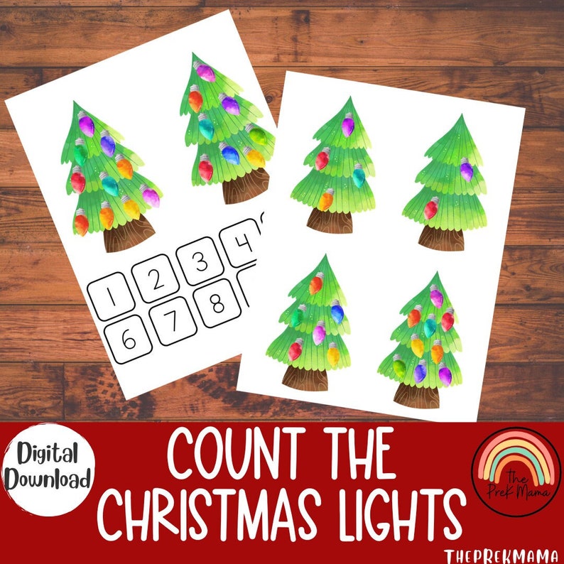 May include: A printable Christmas-themed counting activity for kids.  The worksheet features six images of Christmas trees with different numbers of colorful lights.  The worksheet also includes a number grid with numbers 1 through 8.  The text "COUNT THE CHRISTMAS LIGHTS" is at the bottom of the page.