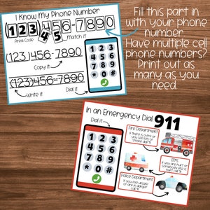 May include: Two printable cards with instructions on how to teach children to dial emergency numbers. The first card shows a phone with a number pad and instructions to copy, write, and dial a phone number. The second card shows a phone with a number pad and instructions to dial 911 in an emergency. The card also shows illustrations of a fire truck, police car, and ambulance.