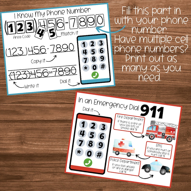 May include: Two printable cards with instructions on how to teach children to dial emergency numbers. The first card shows a phone with a number pad and instructions to copy, write, and dial a phone number. The second card shows a phone with a number pad and instructions to dial 911 in an emergency. The card also shows illustrations of a fire truck, police car, and ambulance.