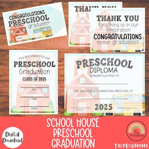 School House Pré-escola Graduação, Pré-escola Diploma, Pré-escola Convites de formatura, Pré-escola Fim de ano, Pré-escola Certificado