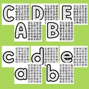 May include: Black and white printable alphabet bubble letter activity. Each letter is surrounded by a circle of bubbles with letters inside. The letters are C, A, D, D, L, E, and B.
