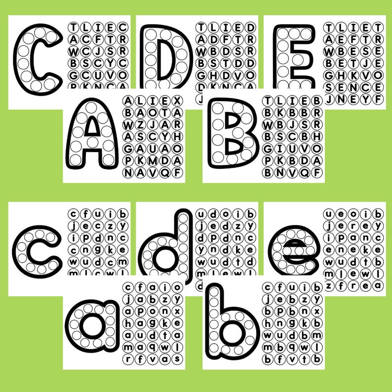 May include: Black and white printable alphabet bubble letter activity. Each letter is surrounded by a circle of bubbles with letters inside. The letters are C, A, D, D, L, E, and B.