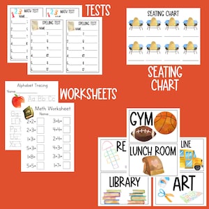 May include: A set of printable classroom resources for teachers. The set includes worksheets for math, spelling, and alphabet tracing. There are also classroom signs for the gym, lunch room, library, art room, and a seating chart.