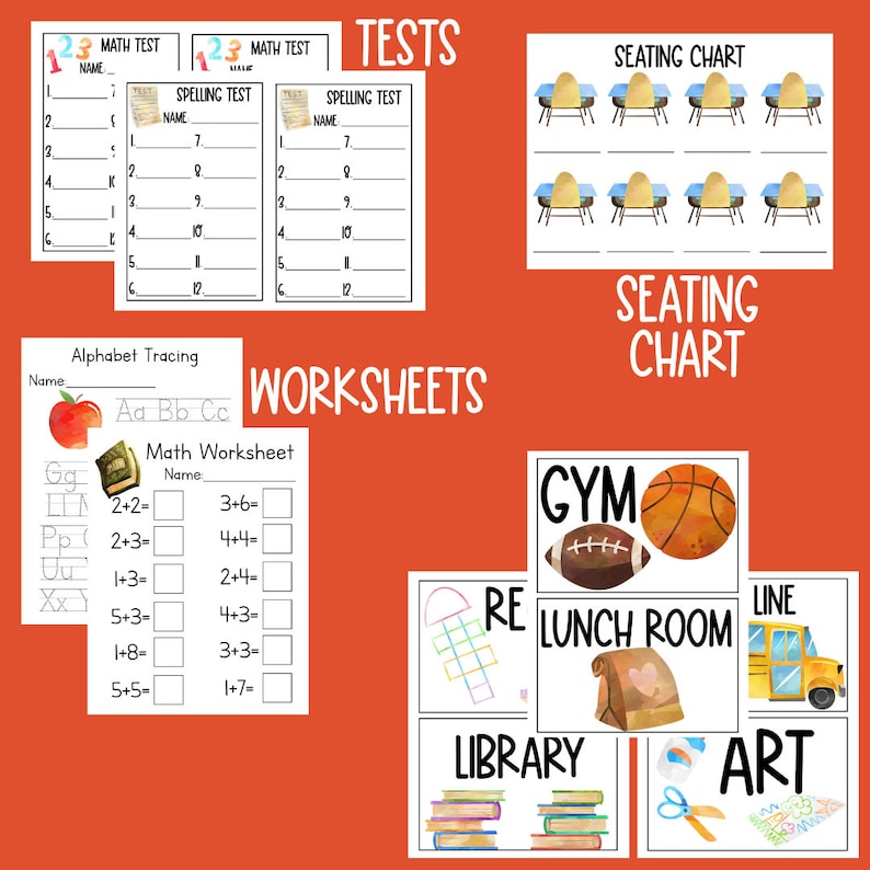 May include: A set of printable classroom resources for teachers. The set includes worksheets for math, spelling, and alphabet tracing. There are also classroom signs for the gym, lunch room, library, art room, and a seating chart.