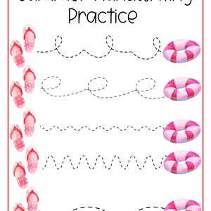 May include: Summer Handwriting Practice worksheet with a red border. The worksheet features pink flip-flops with white polka dots, dotted lines for tracing, and pink and white striped inflatable rings. The title is in black script.