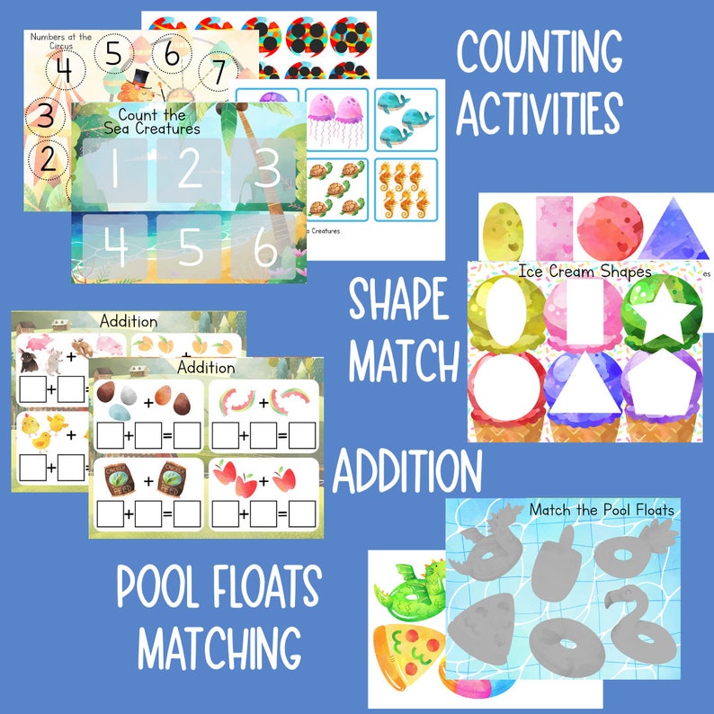 K&ouml;nnte beinhalten: Ein Satz druckbarer Lernspiele f&uuml;r Kinder mit Aktivit&auml;ten zum Z&auml;hlen, Addieren, Formen zuordnen und Pool-Schwimmreifen zuordnen. Die Arbeitsbl&auml;tter zeigen bunte Illustrationen von Meeresbewohnern, Eisbechern und Pool-Schwimmreifen.