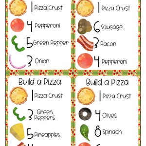 K&ouml;nnte beinhalten: Vier druckbare Karten mit dem Titel "Pizza bauen" und einer Liste von Pizzabel&auml;gen mit entsprechenden Mengen. Die Bel&auml;ge umfassen Pizzateig, Pepperoni, gr&uuml;ner Pfeffer, Zwiebel, Wurst, Speck, gr&uuml;ne Paprika, Oliven, Ananas, Spinat und Speck.