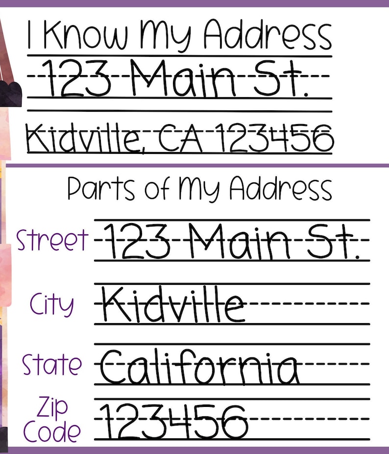 May include: A worksheet for learning about addresses. It shows the address "123 Main St., Kidville, CA 123456" and then breaks down the address into its parts: street, city, state, and zip code.
