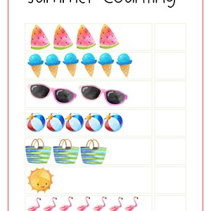 May include: A colorful summer-themed counting worksheet. The title "Summer Counting" is at the top. The worksheet features illustrations of watermelon slices, ice cream cones, sunglasses, beach balls, beach bags, a sun, and flamingos.