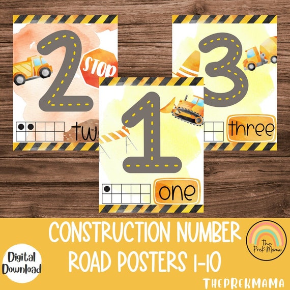 Construction Road Number Posters, Preschool Printables, Preschool Curriculum, Classroom Décor, Preschool Worksheet, Number Posters