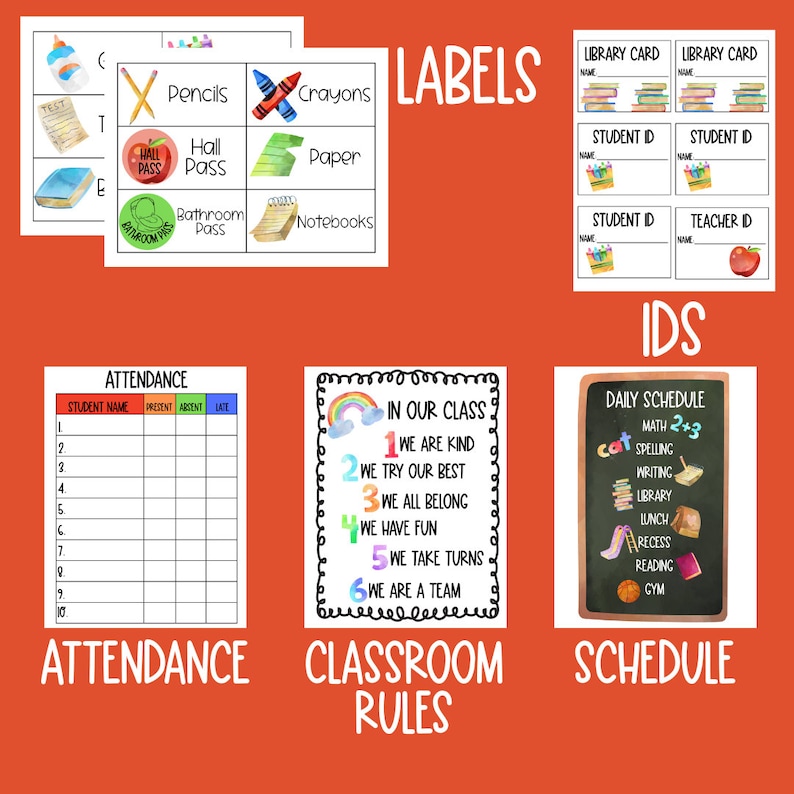 May include: A set of printable classroom posters with colorful watercolor illustrations. The posters include labels for classroom supplies, student IDs, attendance, classroom rules, and a daily schedule.
