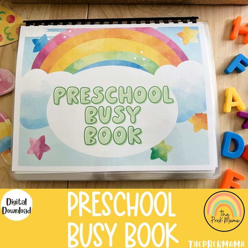 K&ouml;nnte beinhalten: Ein farbenfrohes Regenbogen- und Wolken-Design mit dem Text "Preschool Busy Book" auf blauem Hintergrund. Das Buch ist in einem Ordner mit schwarzem R&uuml;cken.