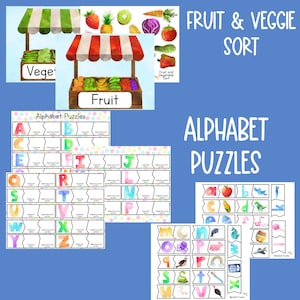 K&ouml;nnte beinhalten: Ein Satz druckbarer Alphabet-Puzzles f&uuml;r Kinder. Die Puzzles zeigen farbenfrohe Illustrationen von Buchstaben, Obst, Gem&uuml;se und anderen Gegenst&auml;nden. Die Puzzles sollen Kindern helfen, das Alphabet zu lernen und ihre Feinmotorik zu verbessern.