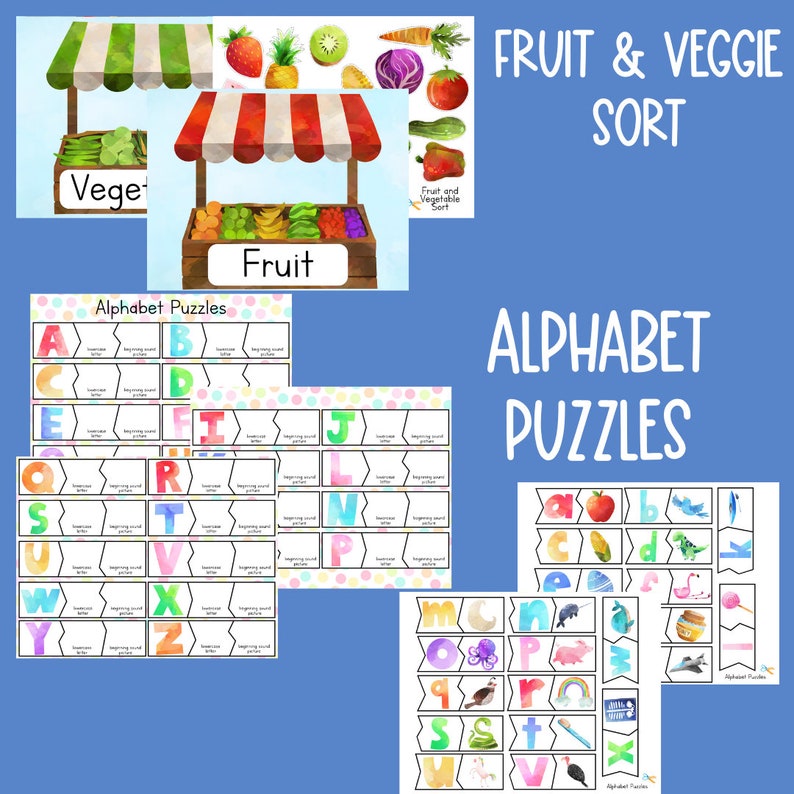 K&ouml;nnte beinhalten: Ein Satz druckbarer Alphabet-Puzzles f&uuml;r Kinder. Die Puzzles zeigen farbenfrohe Illustrationen von Buchstaben, Obst, Gem&uuml;se und anderen Gegenst&auml;nden. Die Puzzles sollen Kindern helfen, das Alphabet zu lernen und ihre Feinmotorik zu verbessern.