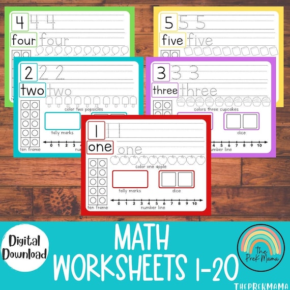 Math Worksheets 1-20, Preschool Math Worksheets, Montessori Printable, Homeschool Resource, Pre-K Counting, Preschool Printable, Math