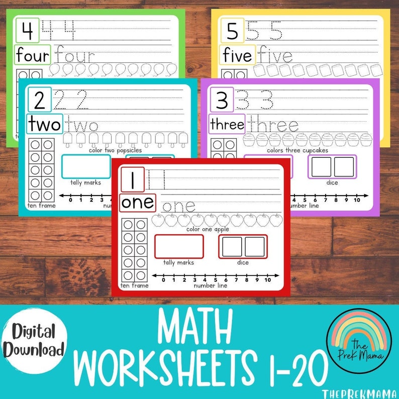 May include: A set of colorful printable math worksheets for kids to practice counting numbers 1 through 20. Each worksheet features a number, the word for the number, a ten frame, tally marks, a number line, and a dice. The worksheets are designed to help children learn to count, write numbers, and understand the concept of quantity.