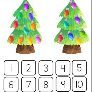 May include: Two watercolor Christmas trees with colorful lights. The trees have brown trunks and green branches. There are numbers 1 through 10 below the trees.