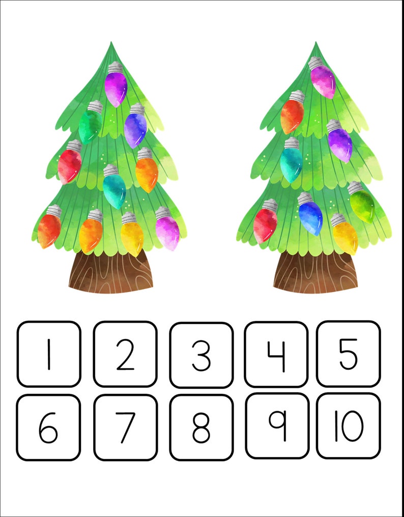 May include: Two watercolor Christmas trees with colorful lights. The trees have brown trunks and green branches. There are numbers 1 through 10 below the trees.