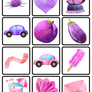 May include: A set of nine watercolor illustrations featuring various objects in shades of purple and pink. The illustrations include a heart, a car, a sea urchin, a plum, an eggplant, a worm, an ice cream, a seashell, and an envelope.