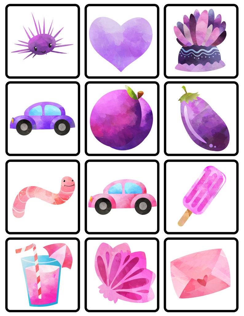 May include: A set of nine watercolor illustrations featuring various objects in shades of purple and pink. The illustrations include a heart, a car, a sea urchin, a plum, an eggplant, a worm, an ice cream, a seashell, and an envelope.