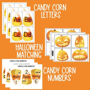 May include: A set of printable Halloween-themed educational cards featuring candy corn with letters, numbers, and pumpkin images. The cards are designed for matching games and learning activities.