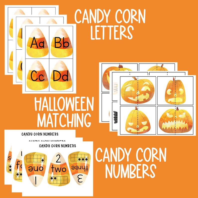 May include: A set of printable Halloween-themed educational cards featuring candy corn with letters, numbers, and pumpkin images. The cards are designed for matching games and learning activities.