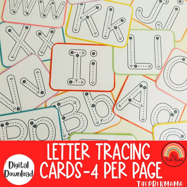 May include: A set of colorful letter tracing cards with 4 cards per page. Each card features a letter of the alphabet with arrows indicating the tracing order. The text "LETTER TRACING CARDS - 4 PER PAGE" is at the bottom of the image.