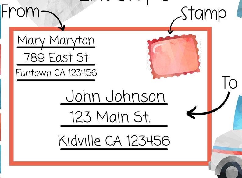 May include: A red envelope with a white stamp and handwritten addresses. The address on the front reads "John Johnson, 123 Main St., Kidville CA 123456". The address on the back reads "Mary Maryton, 789 East St., Funtown CA 123456".