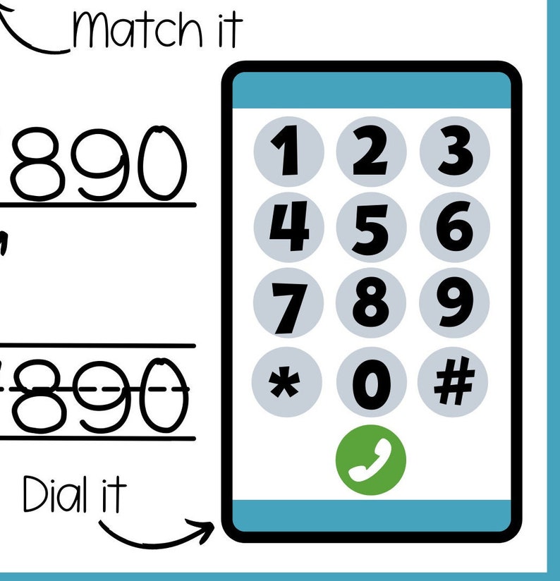 May include: A black and white illustration of a mobile phone with a blue screen and a green phone icon. The phone has a number pad with the numbers 1 through 9, 0, *, and #. The number 890 is written above the phone.