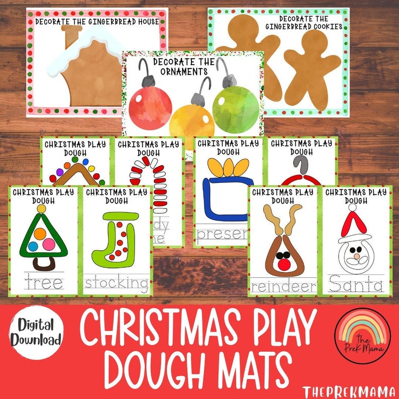 May include: A set of ten printable Christmas play dough mats featuring outlines of various Christmas-themed objects, such as a gingerbread house, ornaments, a stocking, a tree, a present, a reindeer, and Santa Claus. The mats are designed for children to use play dough to create the shapes.