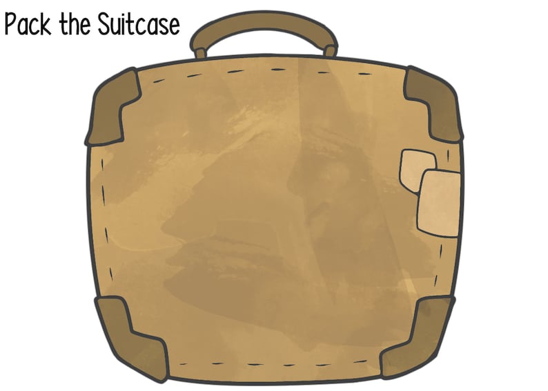 May include: A brown suitcase with a handle and stitched details. The suitcase is empty and ready to be packed.