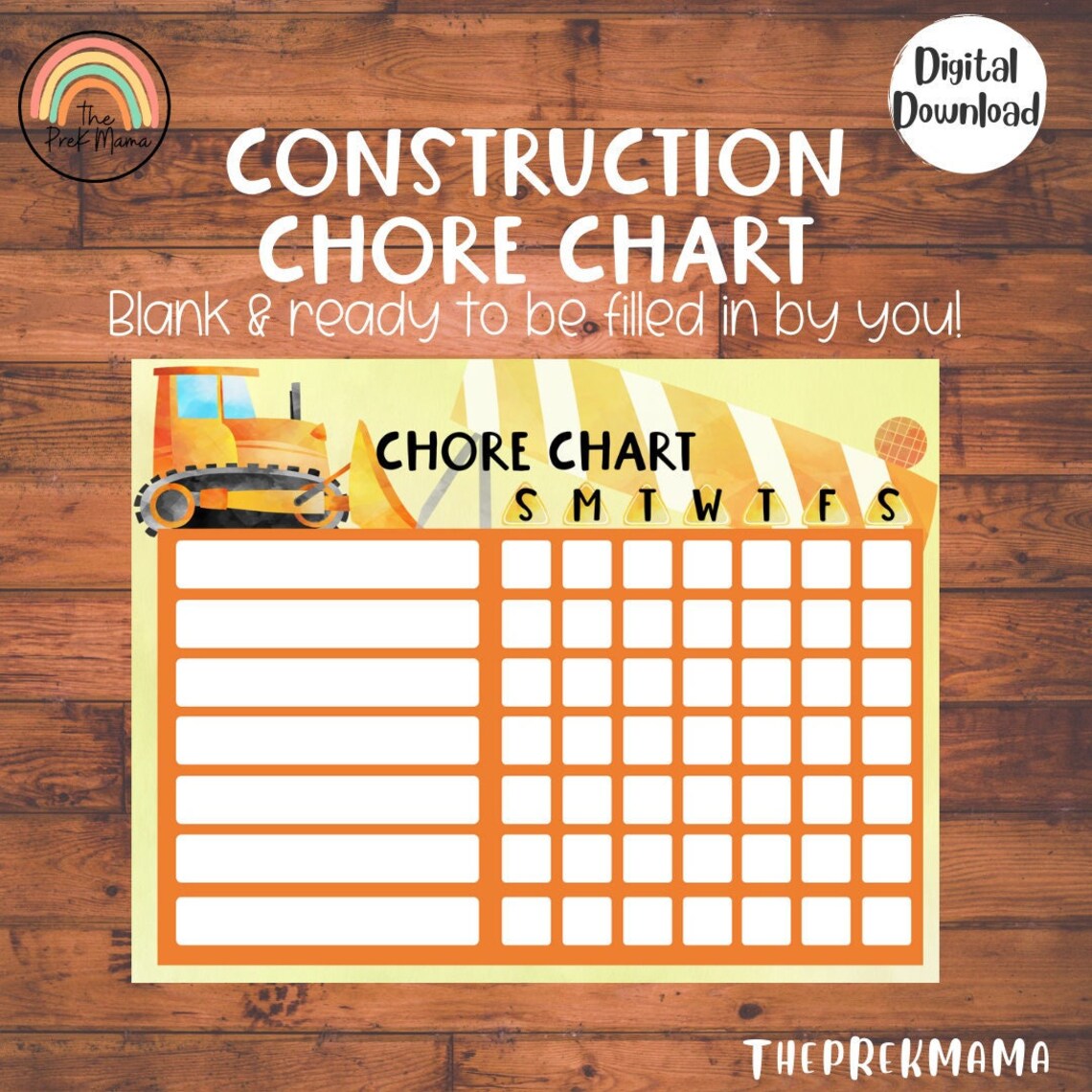 Construction Chore Chart, Printable Chore Chart, Blank Chore Chart ...