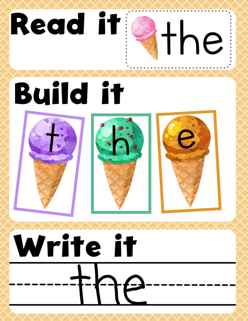 May include: A colorful educational worksheet for learning the word "the". The word is spelled out with ice cream cones, and there is a space to write the word.