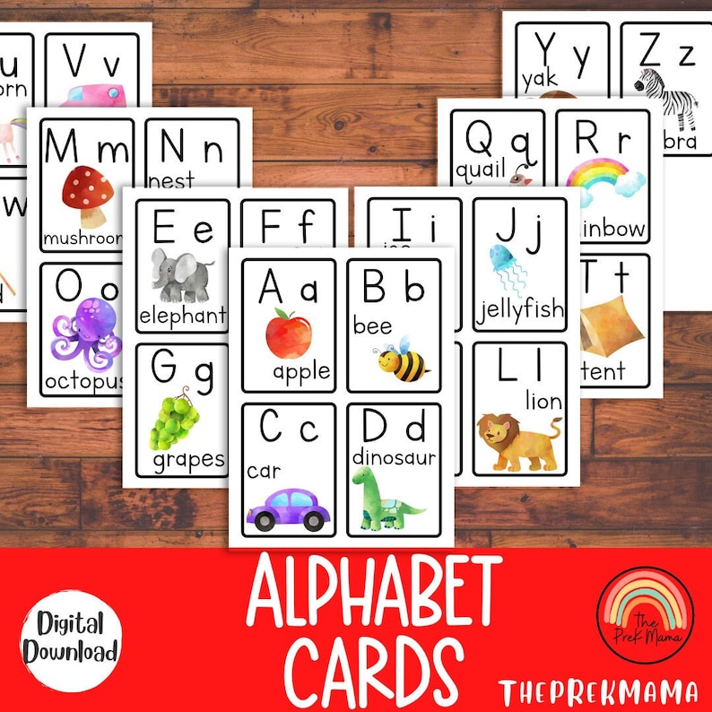 May include: Alphabet flash cards with colorful illustrations and words for each letter. The cards feature images of a mushroom, octopus, elephant, grapes, car, apple, bee, dinosaur, jellyfish, lion, tent, rainbow, and more.