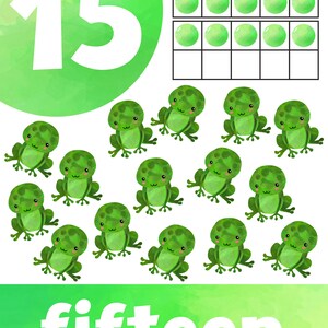 May include: A green watercolor illustration of the number 15, the word "fifteen", and fifteen green frogs. There is also a grid with fifteen green circles.