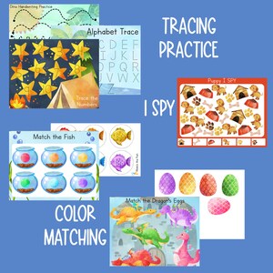 K&ouml;nnte beinhalten: Ein Satz druckbarer Lernspiele f&uuml;r Kinder mit Aktivit&auml;ten wie dem Nachzeichnen von Buchstaben und Zahlen, dem Zuordnen von Farben und einem Ich-sehe-Spiel. Die Arbeitsbl&auml;tter zeigen bunte Illustrationen von Dinosauriern, Fischen, Welpen und Drachen.