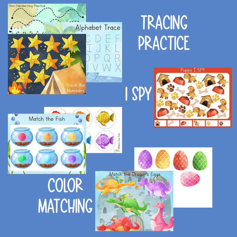 K&ouml;nnte beinhalten: Ein Satz druckbarer Lernspiele f&uuml;r Kinder mit Aktivit&auml;ten wie dem Nachzeichnen von Buchstaben und Zahlen, dem Zuordnen von Farben und einem Ich-sehe-Spiel. Die Arbeitsbl&auml;tter zeigen bunte Illustrationen von Dinosauriern, Fischen, Welpen und Drachen.