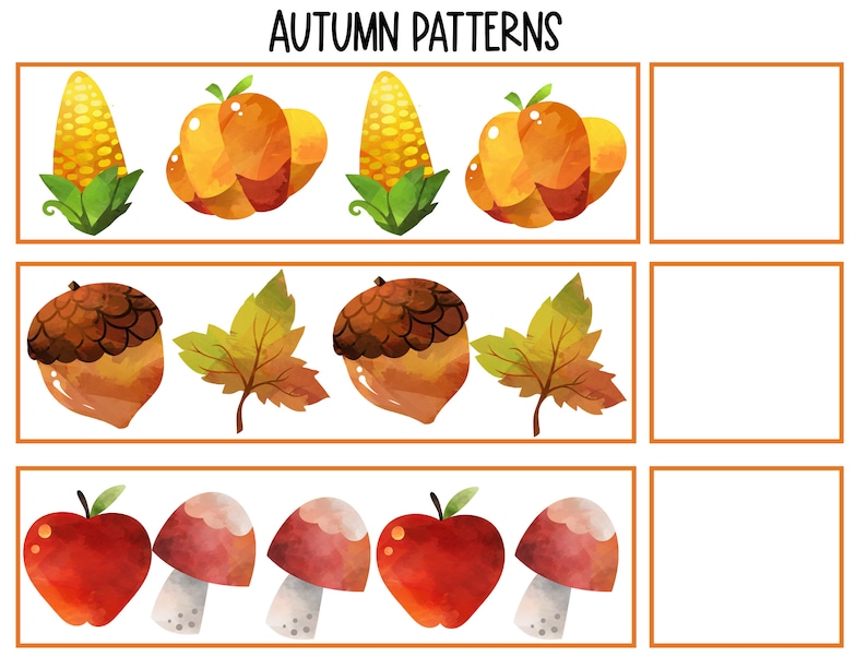 May include: Autumn patterns worksheet with images of corn, pumpkins, acorns, leaves, apples, and mushrooms. Complete the pattern by drawing the missing image.