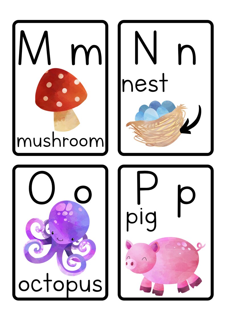 May include: Flashcards with the letters M, N, O, and P. Each card features a colorful illustration of a mushroom, nest with eggs, octopus, and pig. The letters are written in black and the words "mushroom", "nest", "octopus", and "pig" are written in black below the illustrations.