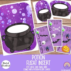 Inserção de poção Flisat de Halloween e cartões de poção, inserção de Flisat de Halloween, inserção de Flisat para impressão, inserção de Flisat pré-escola, mesa sensorial