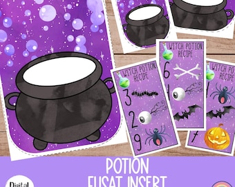 Può includere: Un'attività stampabile a tema Halloween per bambini con un calderone nero su uno sfondo stellato viola. L'attività include un set di carte con ricette di pozioni di strega e numeri.